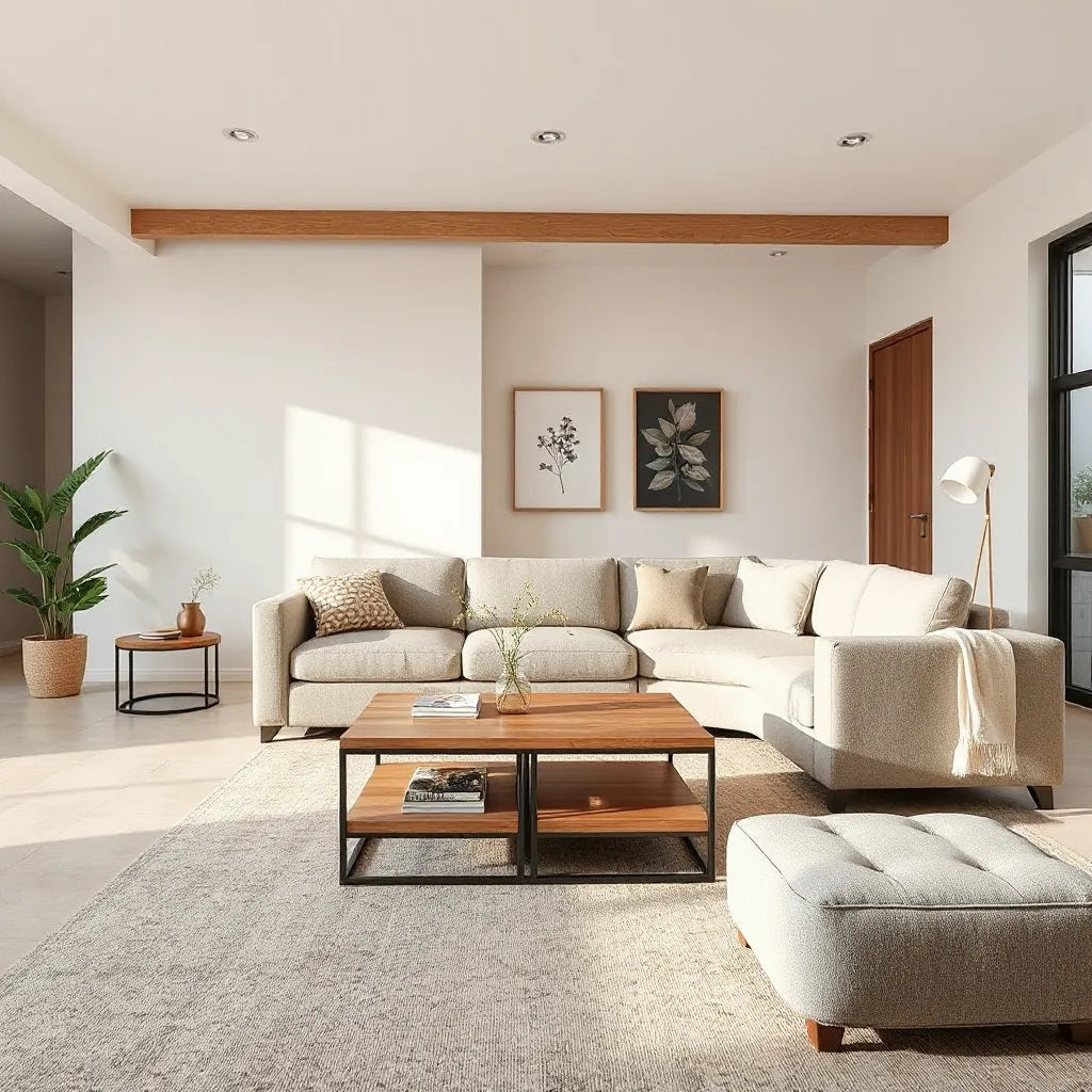 Modern lift-top coffee table with hidden storage, nesting tables, and modular seating in a bright open-plan living room
