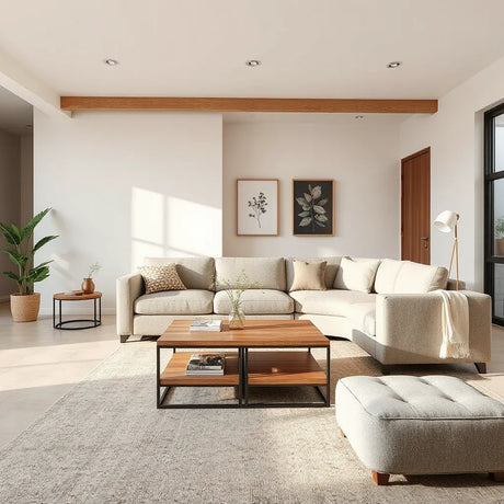 Modern lift-top coffee table with hidden storage, nesting tables, and modular seating in a bright open-plan living room