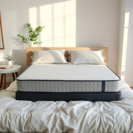 Neatly made bed showing a gel memory foam mattress with cooling texture in soft morning light