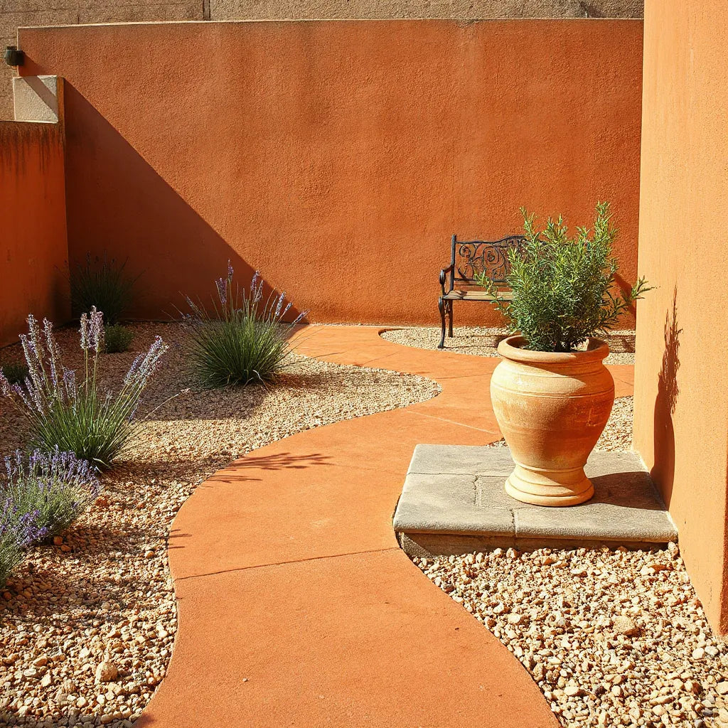 Terracotta pathway with lavender and rosemary in a sunlit Mediterranean garden