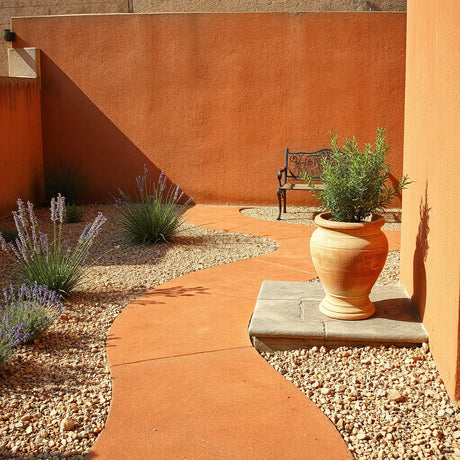 Terracotta pathway with lavender and rosemary in a sunlit Mediterranean garden