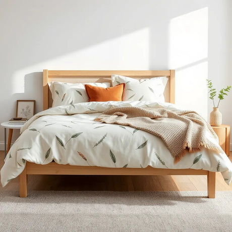 Bedroom bedding with botanical leaf patterns, neutral textures, and a small potted plant by the bed