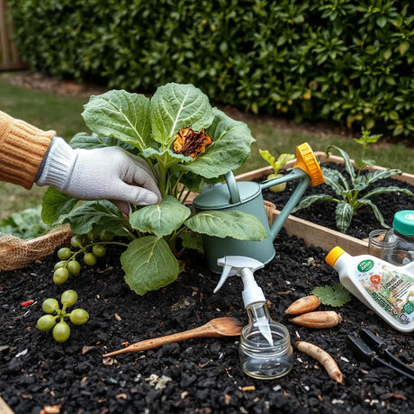 Gloved hand inspecting a leafy plant for pests in a tidy garden bed with natural control tools nearby