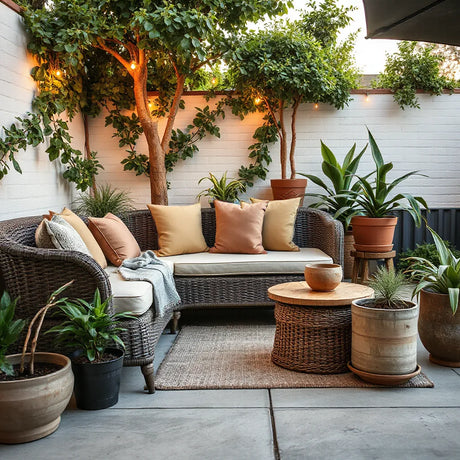 Styled garden patio with outdoor seating, potted plants, and warm string lights