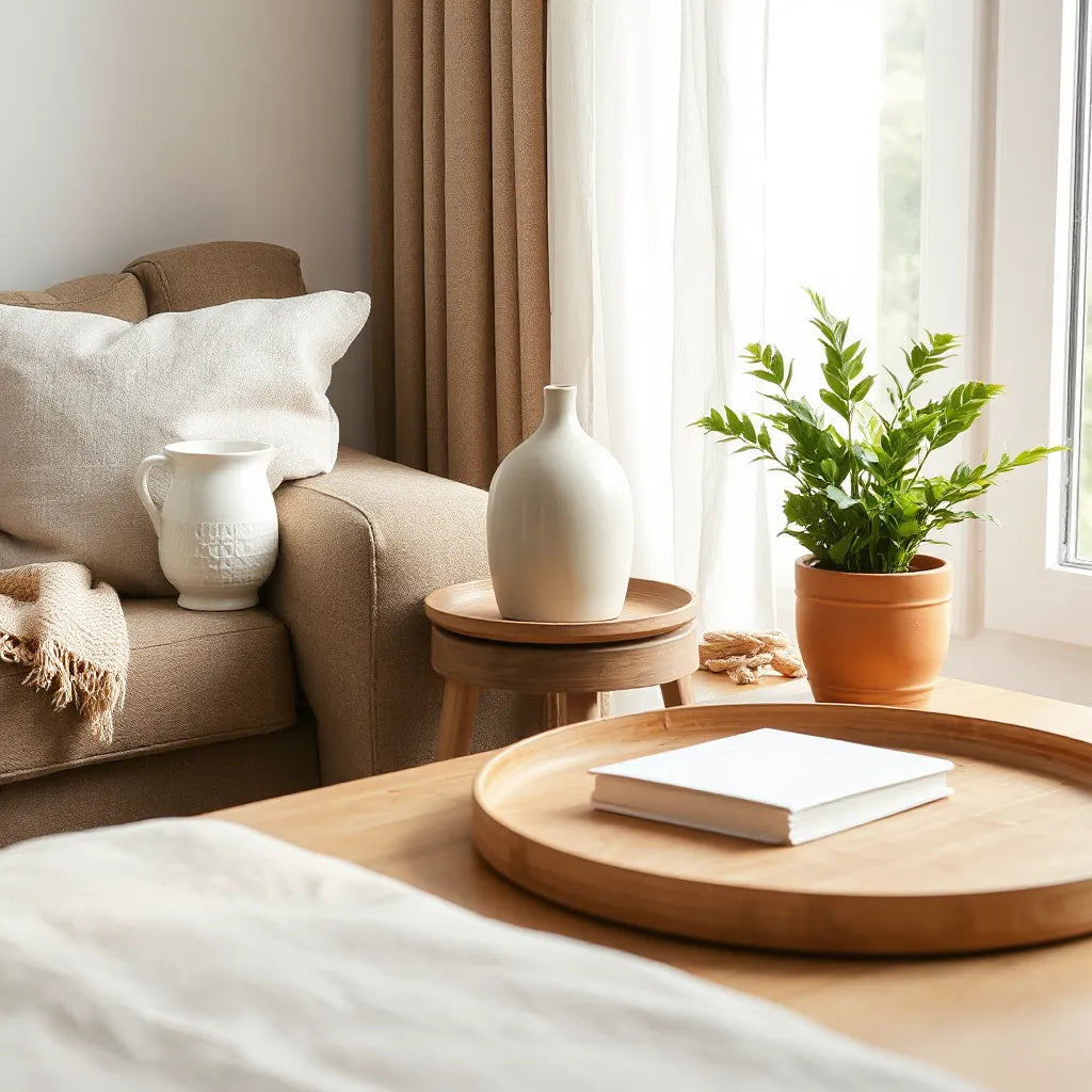 Natural home accessories on a wooden side table with linen cushions, ceramic vase, and a potted plant