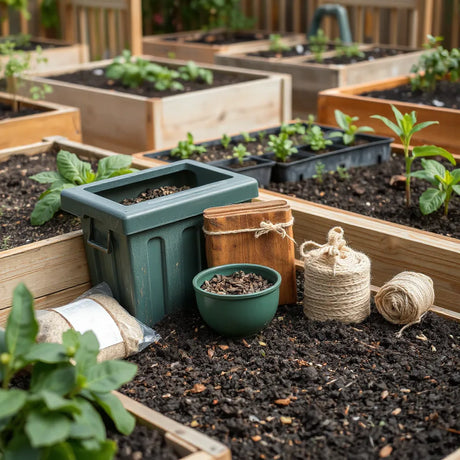 Raised garden bed with compost bin, biodegradable seed trays, and natural mulch in an eco-friendly setting