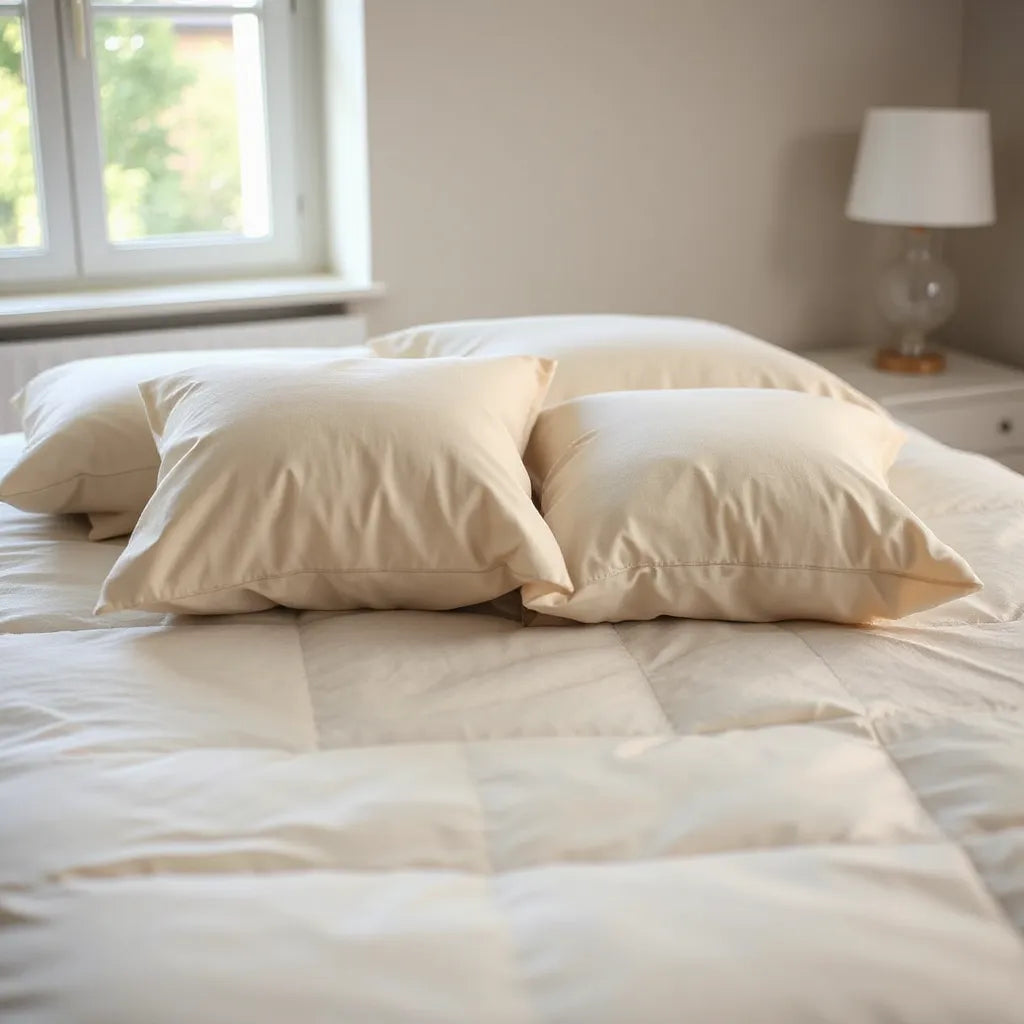 Neatly made bed with a duvet and plush pillows in a bright, uncluttered bedroom