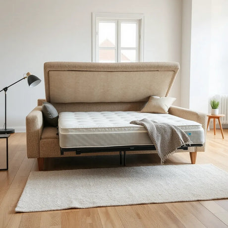 Modern sofa bed opened to show a supportive mattress in a bright, uncluttered living room