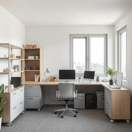 Modular shelving and rolling cabinets creating adjustable storage in a modern office
