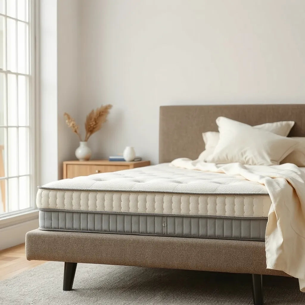 Pillow top pocket sprung mattress on a bed with neutral bedding in soft daylight