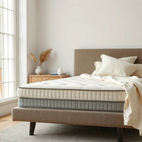 Pillow top pocket sprung mattress on a bed with neutral bedding in soft daylight