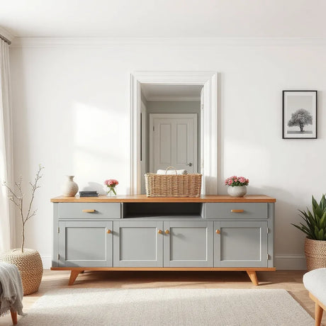 Modern storage sideboard and media unit in a bright, neatly organised living room