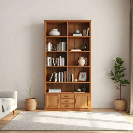 Tall wooden bookcase display unit with neatly arranged books and decor items in a bright living room