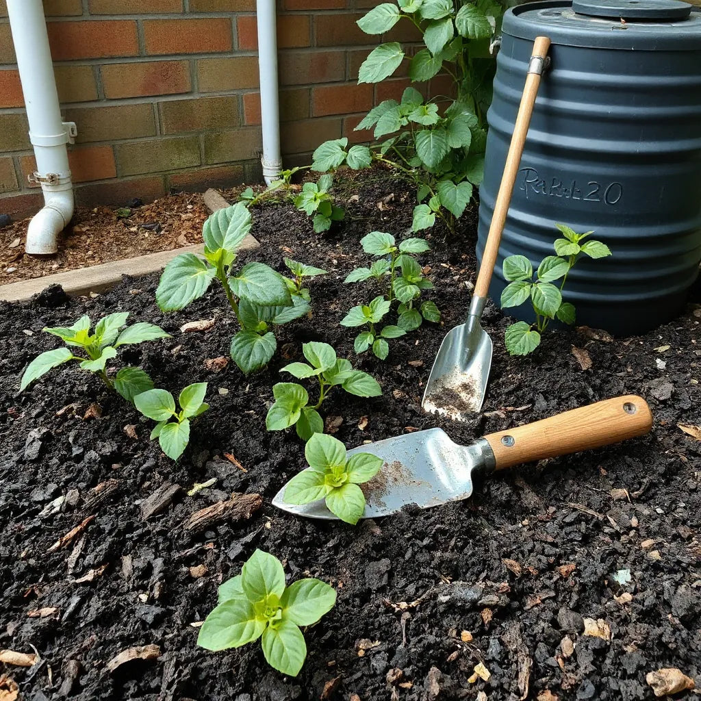Healthy garden bed with compost mulch and thriving plants beside a rainwater barrel