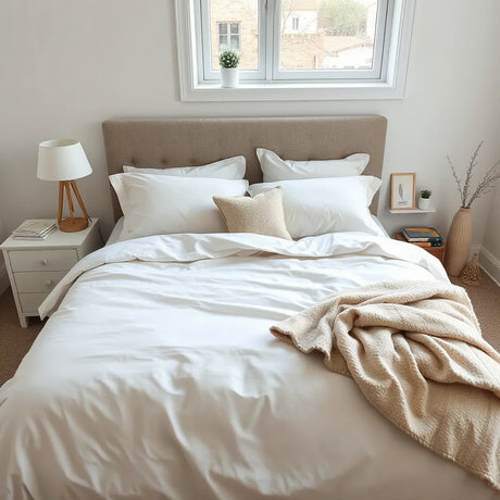 Fresh updated bed with coordinated duvet cover, fitted sheet, and pillows in soft natural light