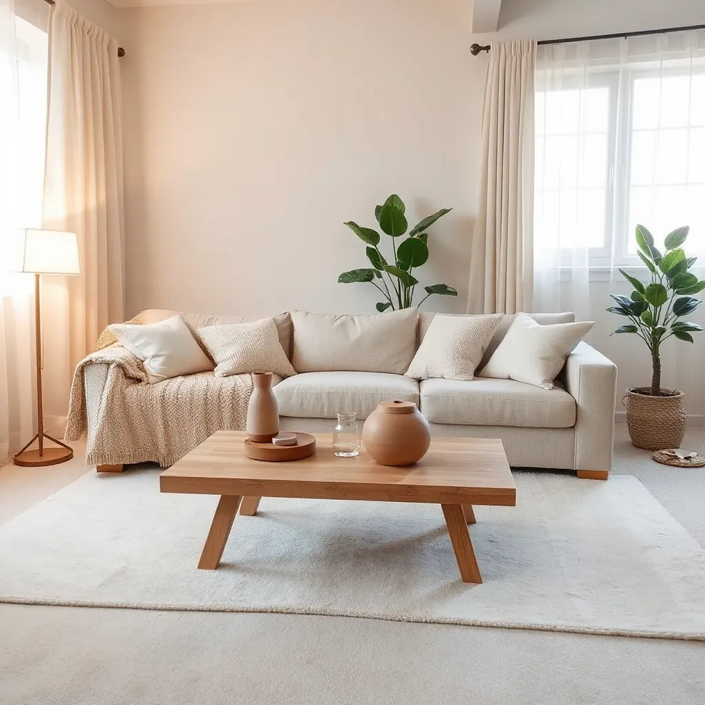 Neutral, uncluttered living room with warm lighting, soft textures, and natural decor for a calm feel