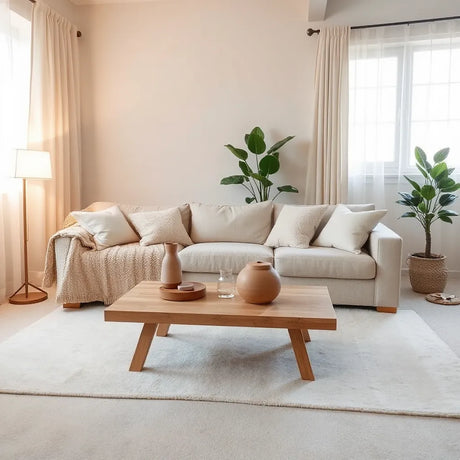 Neutral, uncluttered living room with warm lighting, soft textures, and natural decor for a calm feel