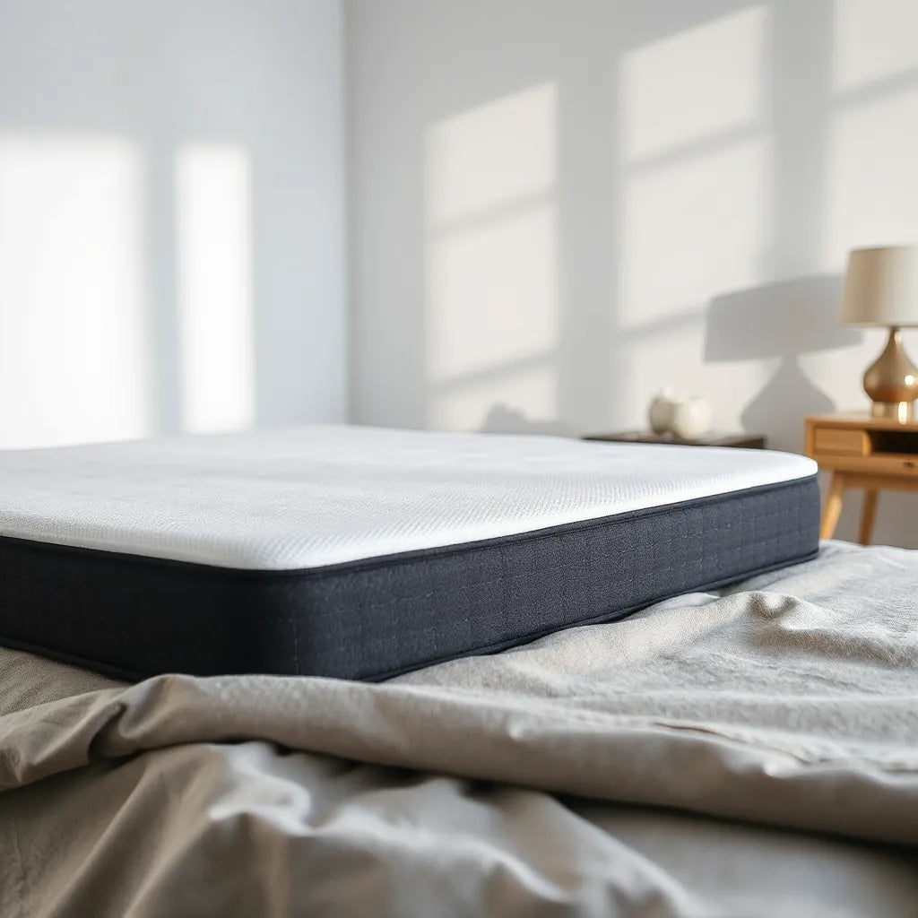 Neatly made bed with a memory foam mattress showing the textured top layer in a bright, modern bedroom