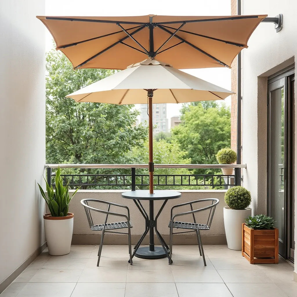 Open balcony parasol providing shade over a small patio table with potted plants on a compact balcony