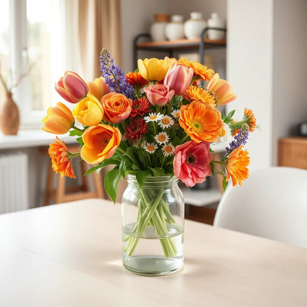 Bright colourful flower arrangement in a clear glass vase on a light dining table