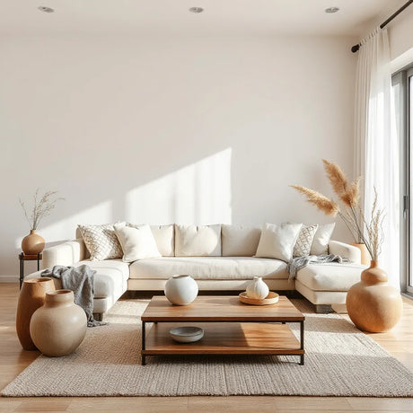 Bright modern living room with warm neutral tones, natural wood accents, textured textiles, and soft indirect lighting
