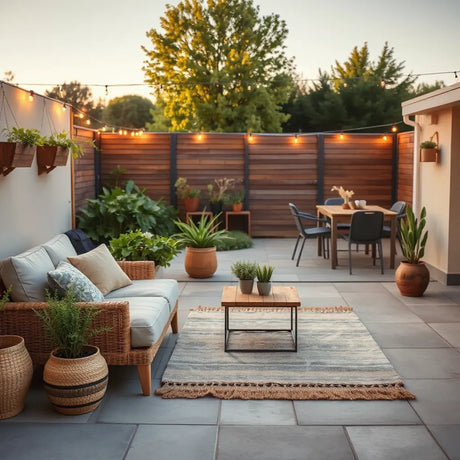 Patio outdoor seating area with warm lighting, cushions, plants, and a dining set in the background