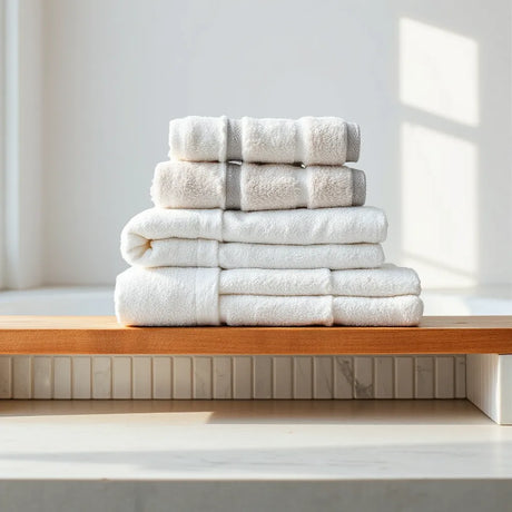Neatly stacked cotton bath towels with visible texture in a bright, minimal bathroom setting