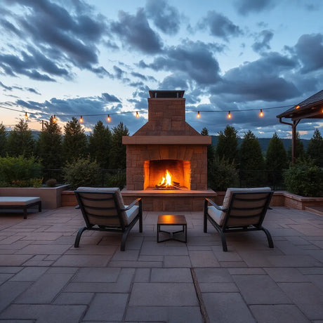 Modern outdoor fireplace with warm flame on a patio at dusk, surrounded by cozy seating and ambient lights