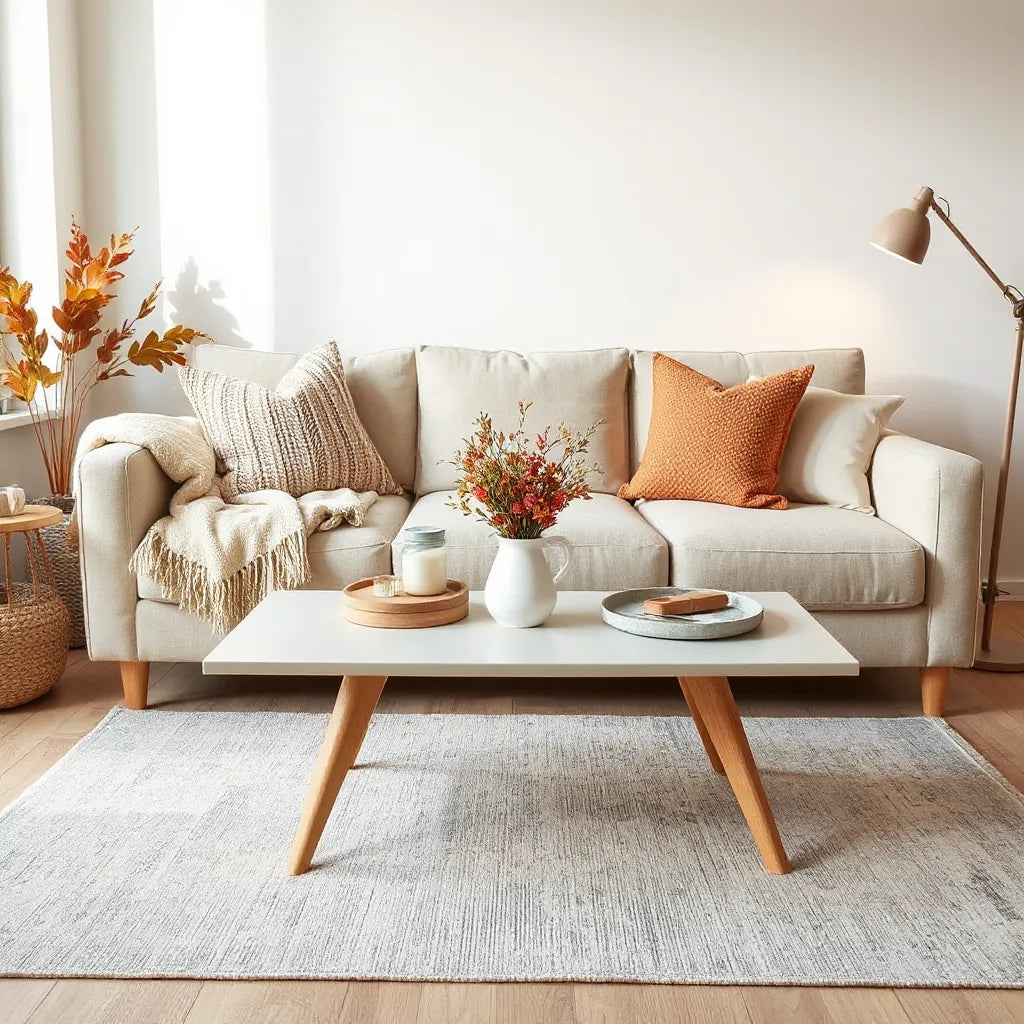 Living room styled with seasonal cushions, a throw, and a small flower arrangement