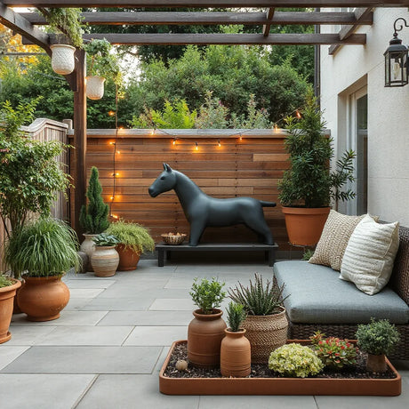 Decorative patio with potted plants, warm string lights, and a styled garden border