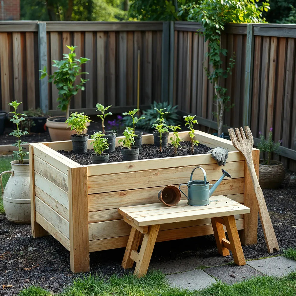 Timber raised planter bed with seedlings and gardening tools on a wooden bench in a sunny garden