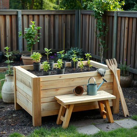 Timber raised planter bed with seedlings and gardening tools on a wooden bench in a sunny garden