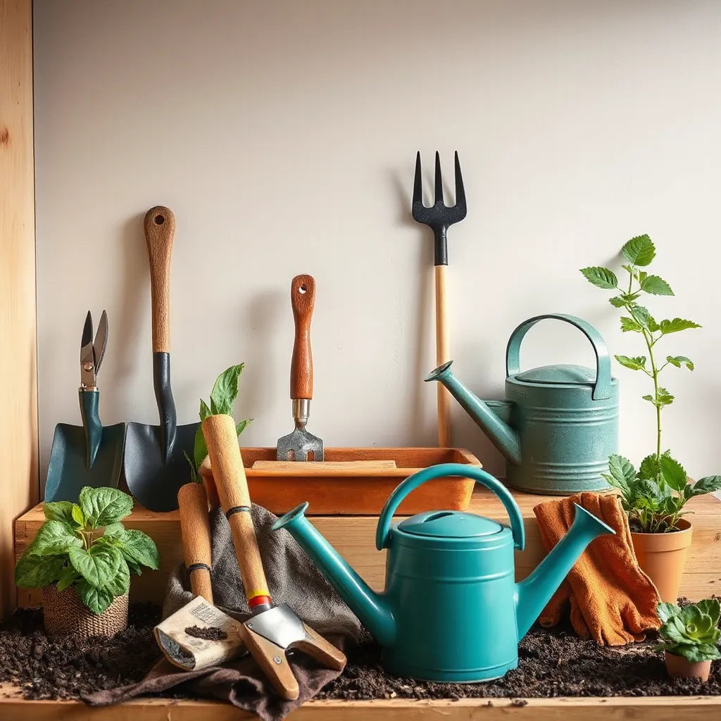 Essential gardening tools neatly arranged on a workbench for healthy plant care