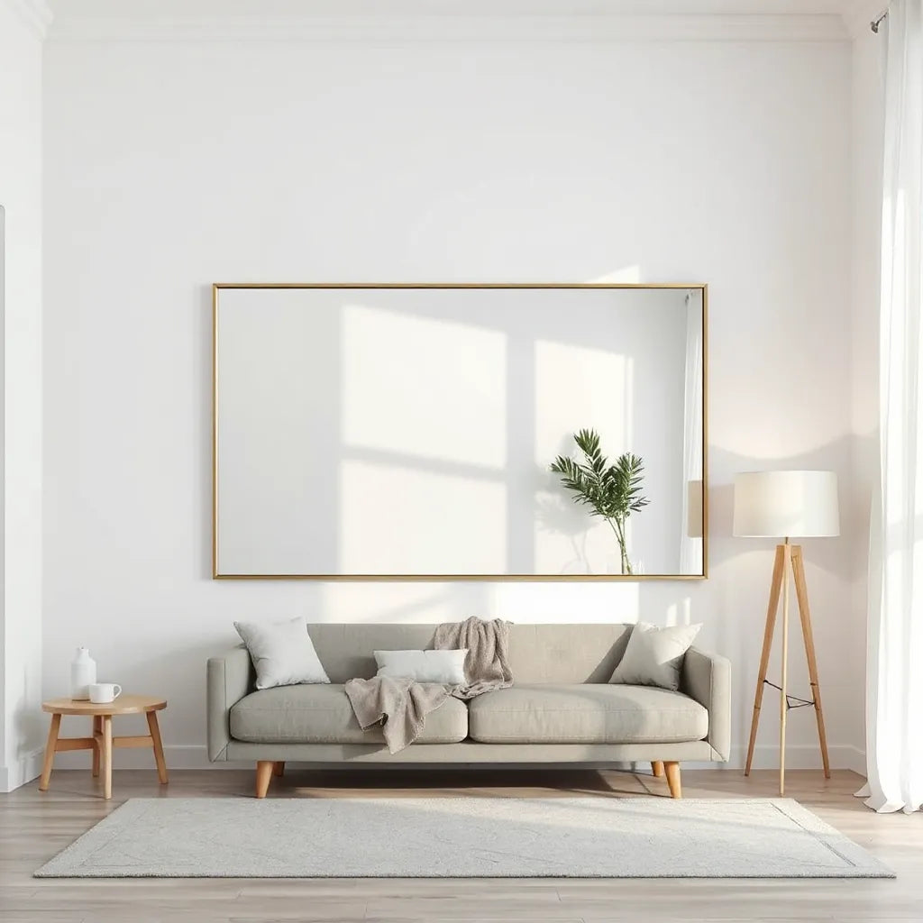 Modern mirror on a wall reflecting a softly lit living room with neutral decor