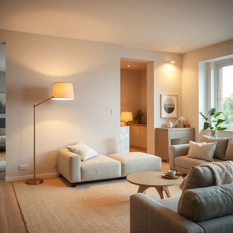 Warm modern living room with sleek floor and pendant lighting creating layered ambiance
