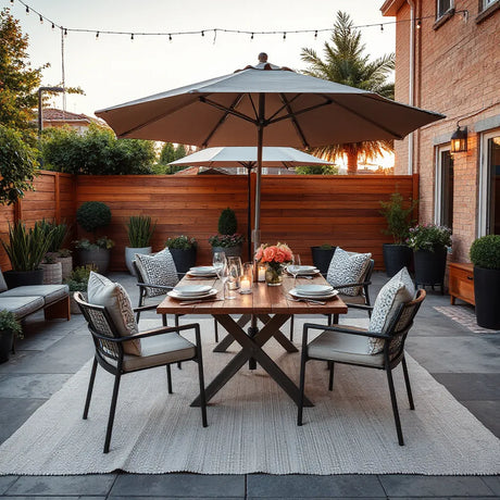 Stylish outdoor dining table set on a patio with chairs, warm string lights and potted plants