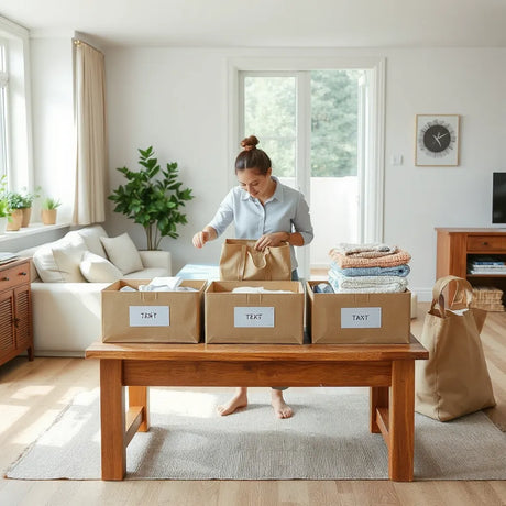 Person sorting items into storage boxes in a bright, uncluttered living room