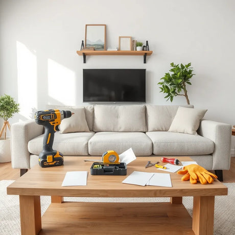 Cordless drill, measuring tape, tools, and paint samples arranged on a coffee table in a bright living room