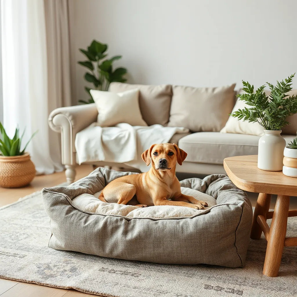 Cozy living room with a small dog on a durable pet bed, featuring washable decor and rounded furniture edges