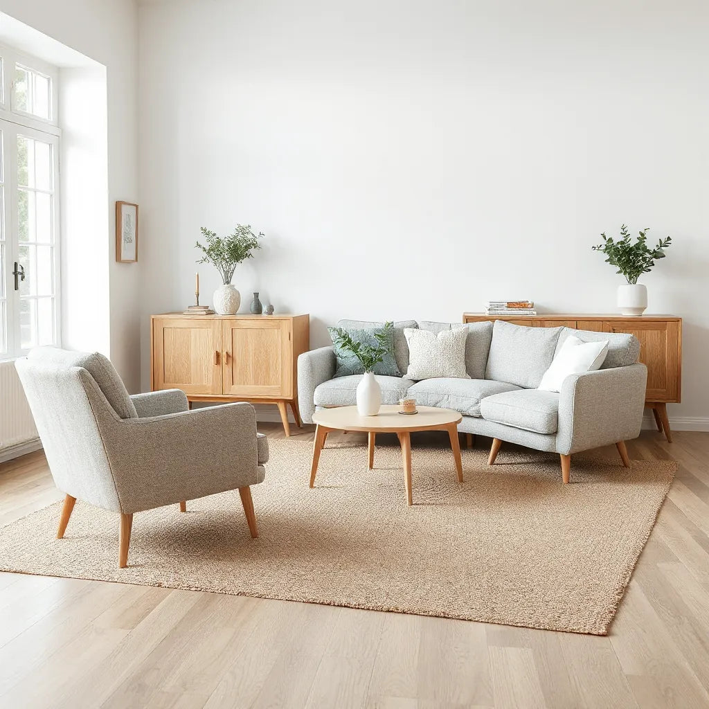 Bright Scandinavian living room with light wood furniture, neutral sofa, and minimalist décor
