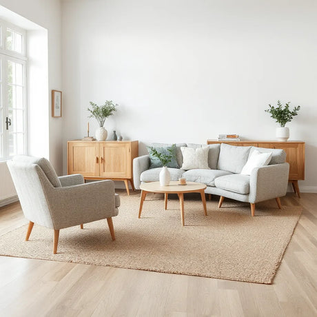 Bright Scandinavian living room with light wood furniture, neutral sofa, and minimalist décor