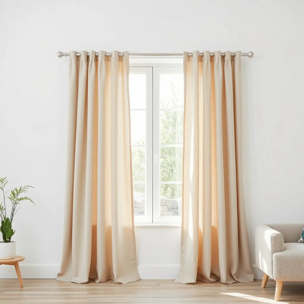 Neatly hung thermal curtains on a window in a bright, cozy living room