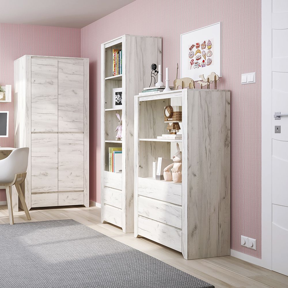 Wooden Bookcase Tall And Narrow With 3 Drawers - Angel