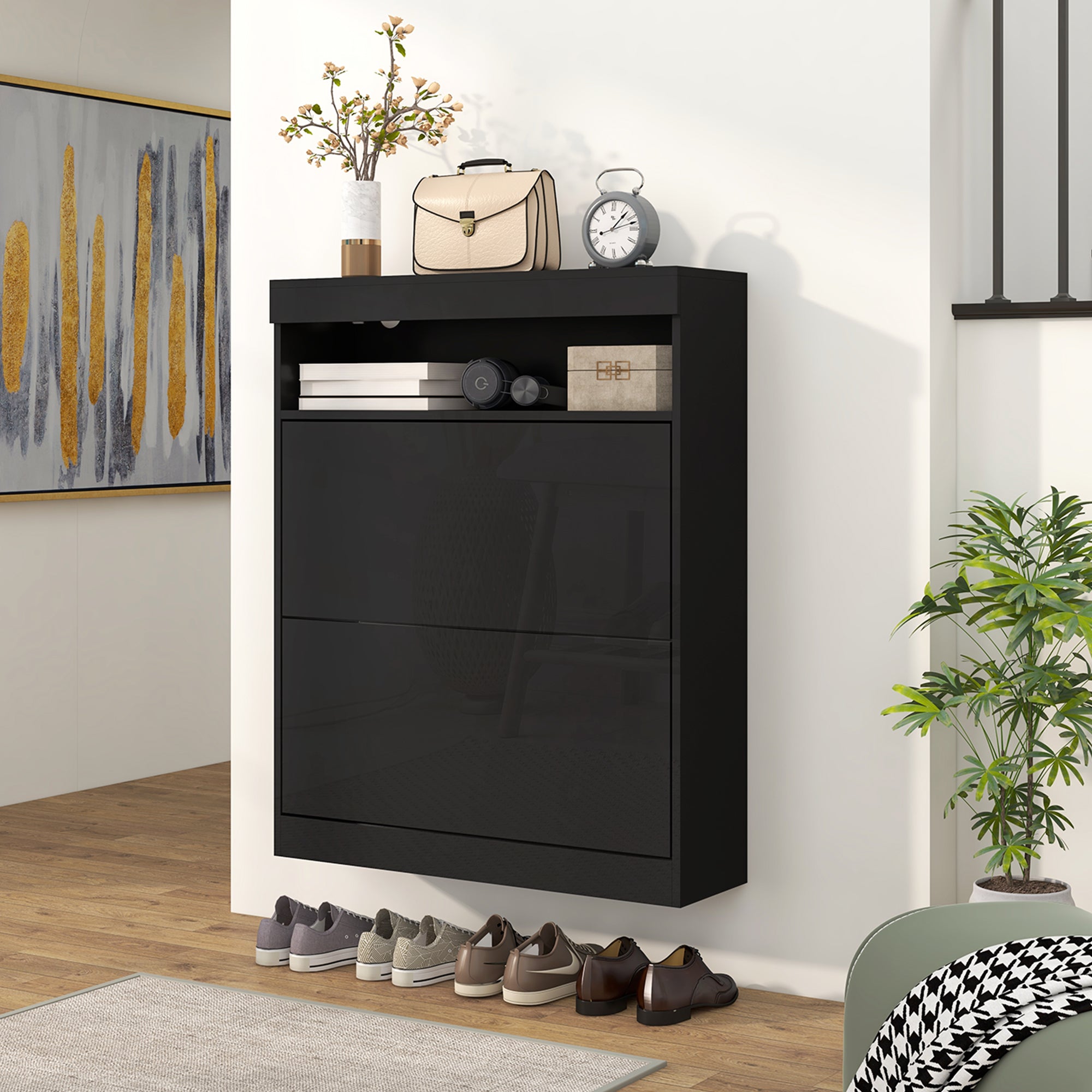 High Gloss Shoe Storage Cabinet 80cm Wide With 2 Flip Doors - Velmora