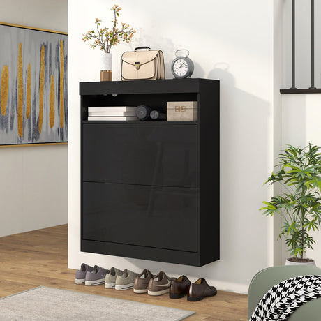 High Gloss Shoe Storage Cabinet 80cm Wide With 2 Flip Doors - Velmora