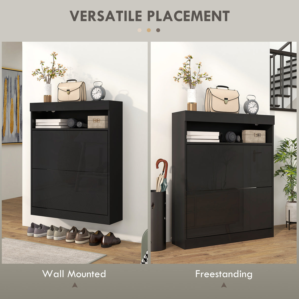 High Gloss Shoe Storage Cabinet 80cm Wide With 2 Flip Doors - Velmora