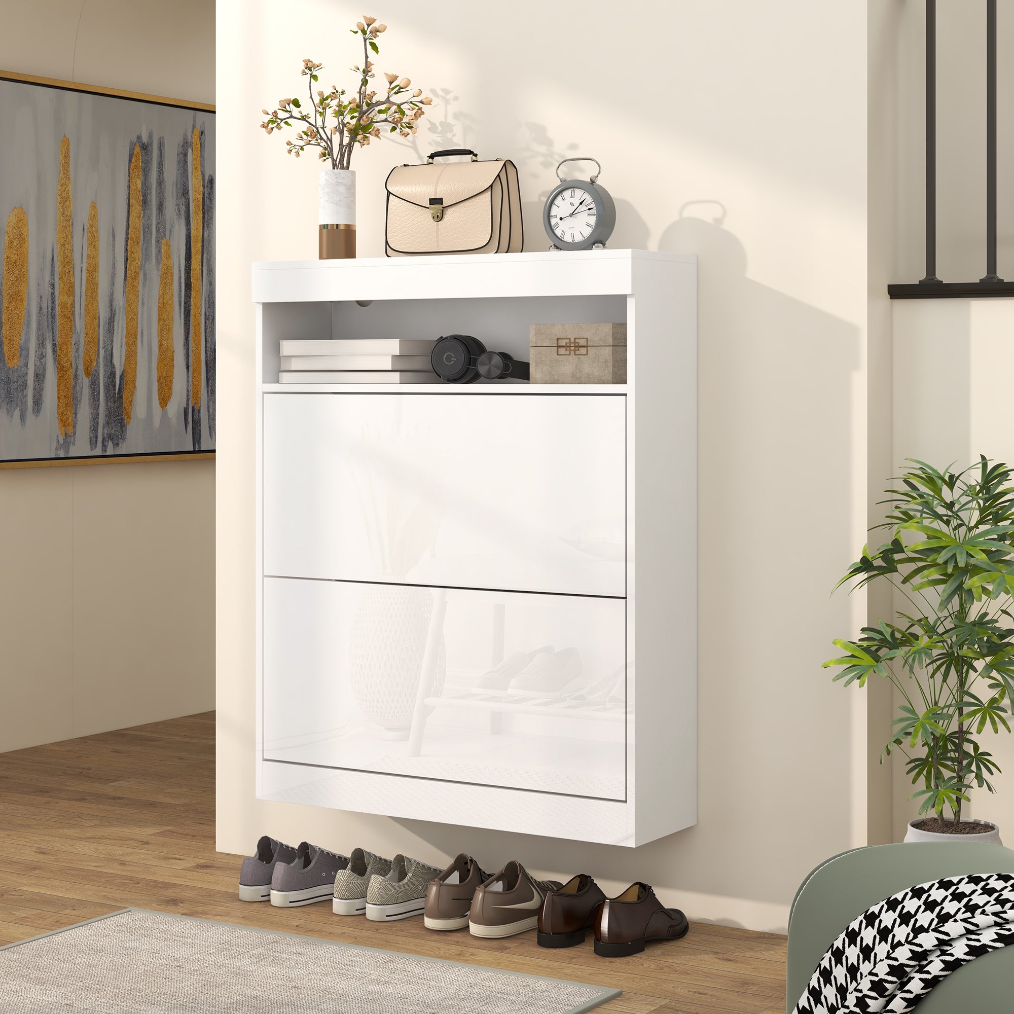 High Gloss Shoe Storage Cabinet 80cm Wide With 2 Flip Doors - Velmora