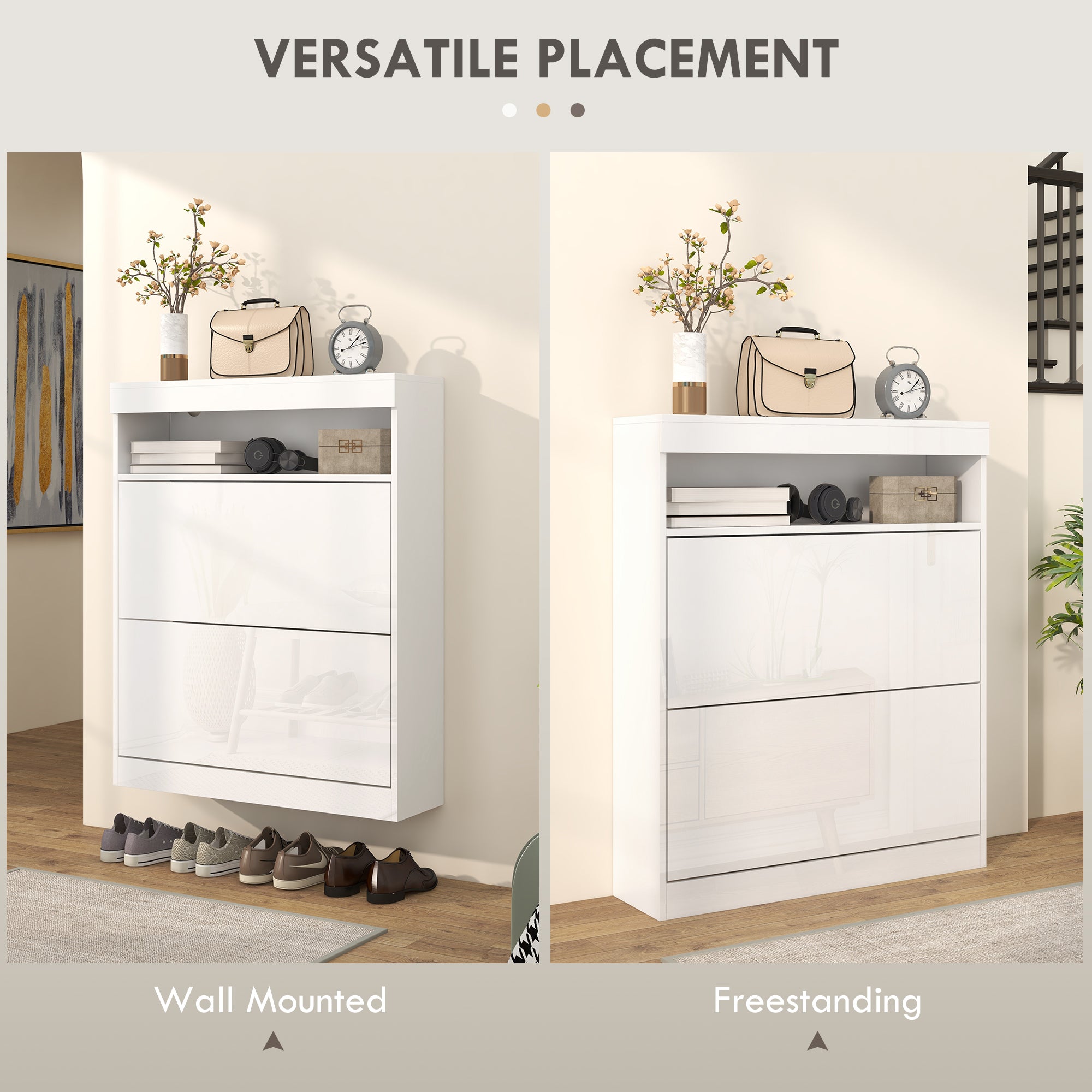 High Gloss Shoe Storage Cabinet 80cm Wide With 2 Flip Doors - Velmora