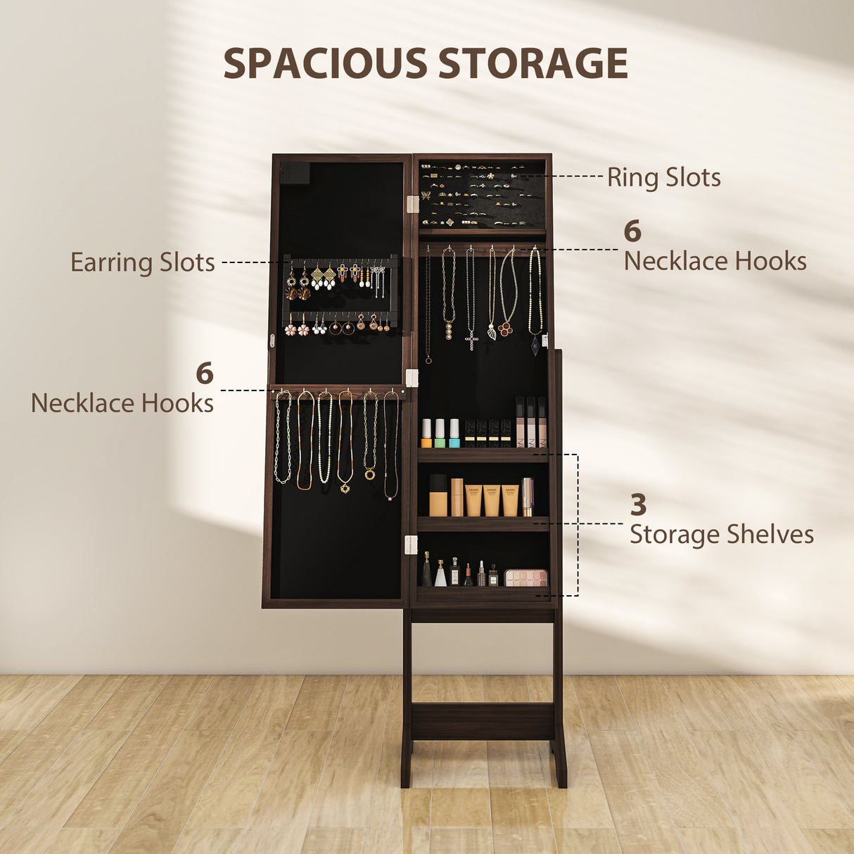 Mirrored Jewellery Storage Cabinet 36cm Wide - Velmora