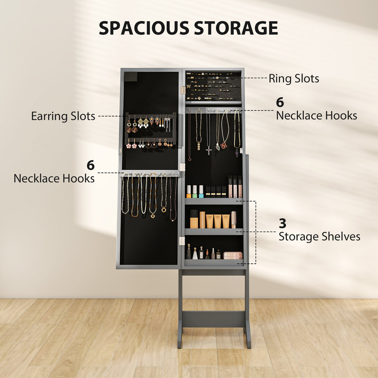 Mirrored Jewellery Storage Cabinet 36cm Wide - Velmora